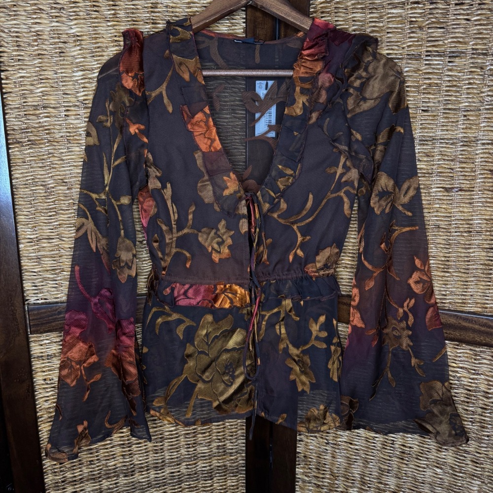 Floral Burnout Velvet Sheer Peplum Ruffle Blouse Bell Sleeve Whimsigoth Grunge 4